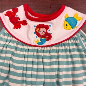 Stichyfish Striped Aqua & White Dress with Red Trim and Nautical Appliqués